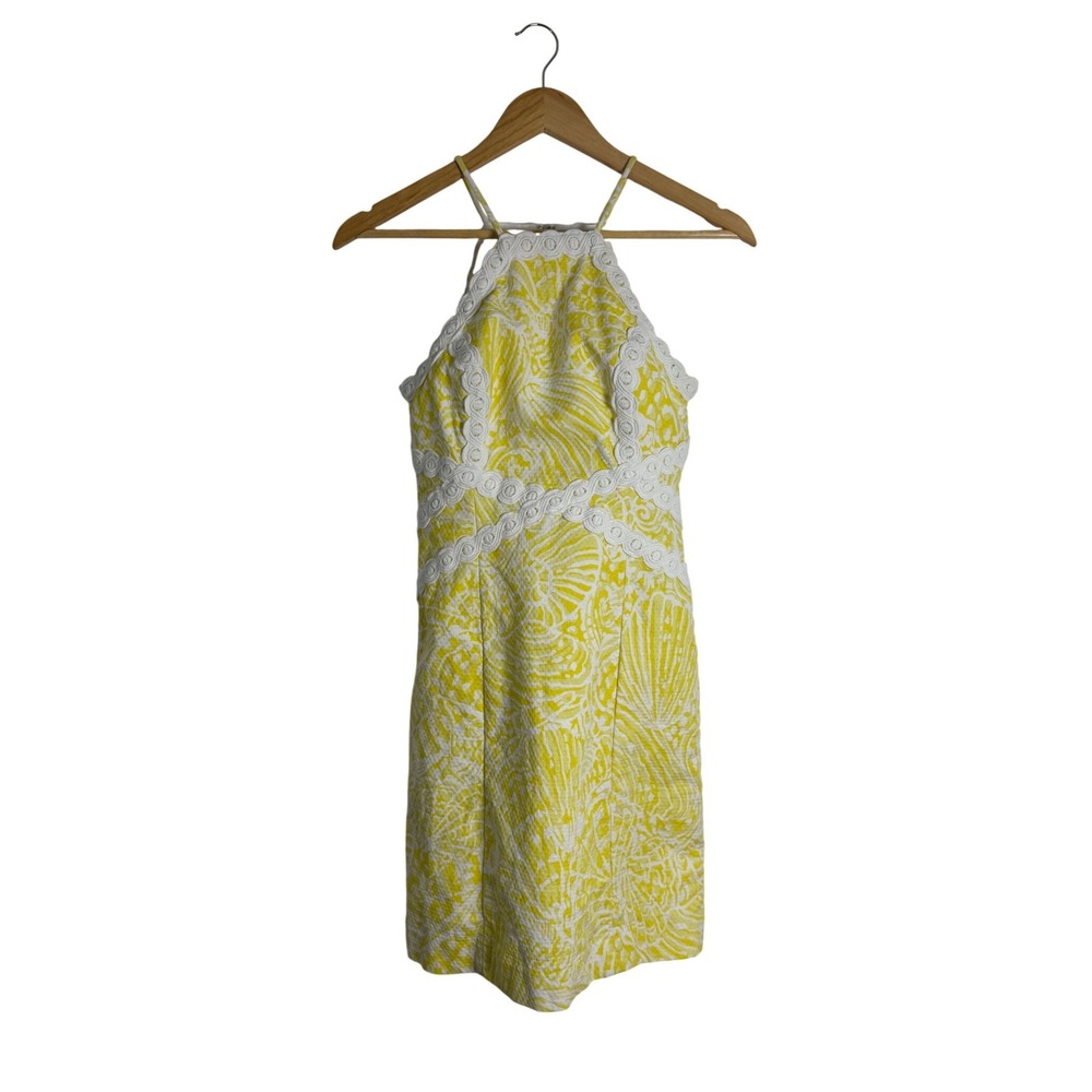 Preppy Lilly Pulitzer Womens 00 Shift Dress Yellow Shell Print Soutache Halter